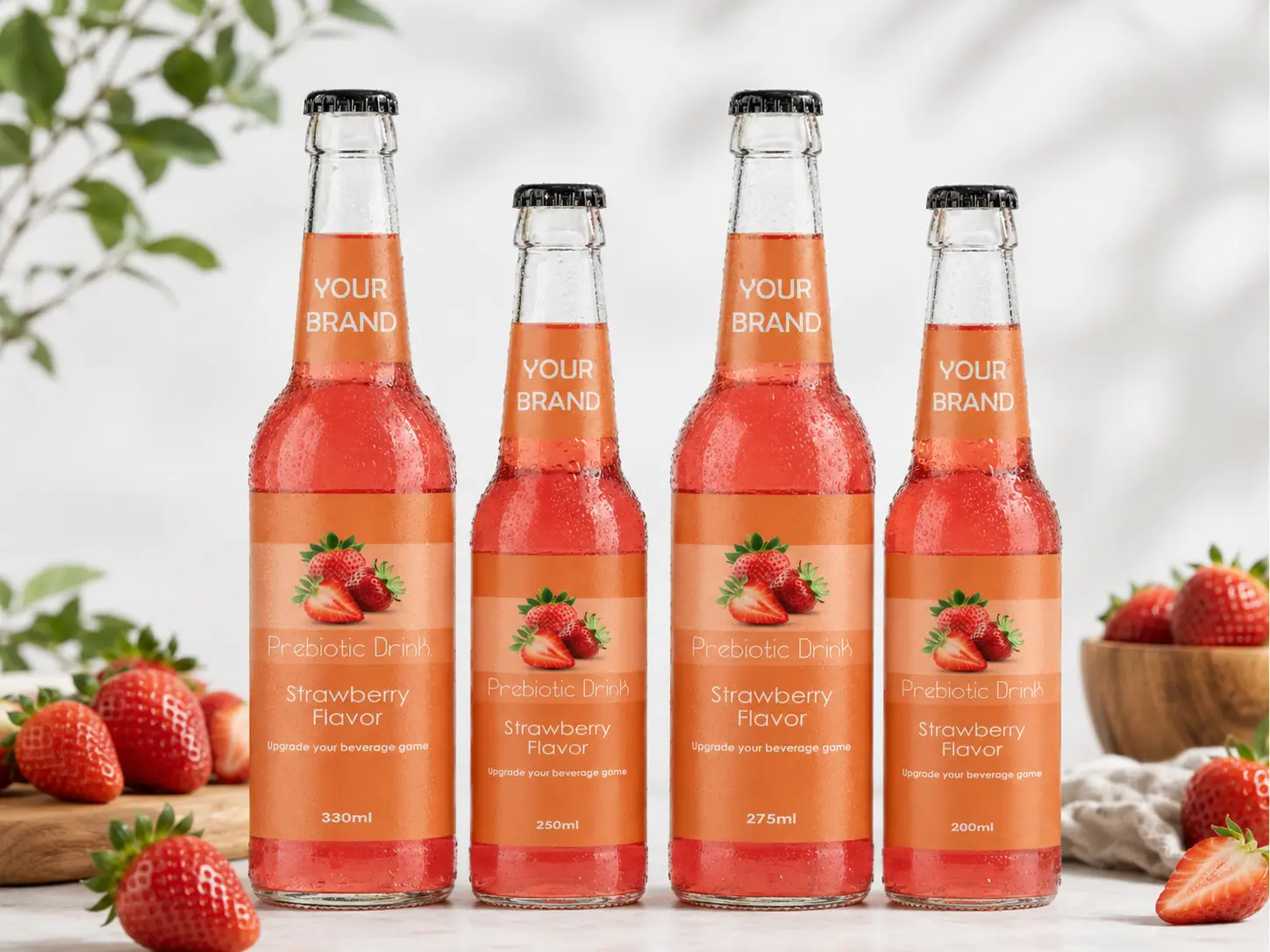 PREBIOTIC DRINK Strawberry Flavor 330ml, 250ml, 275ml and 200ml glass bottles.